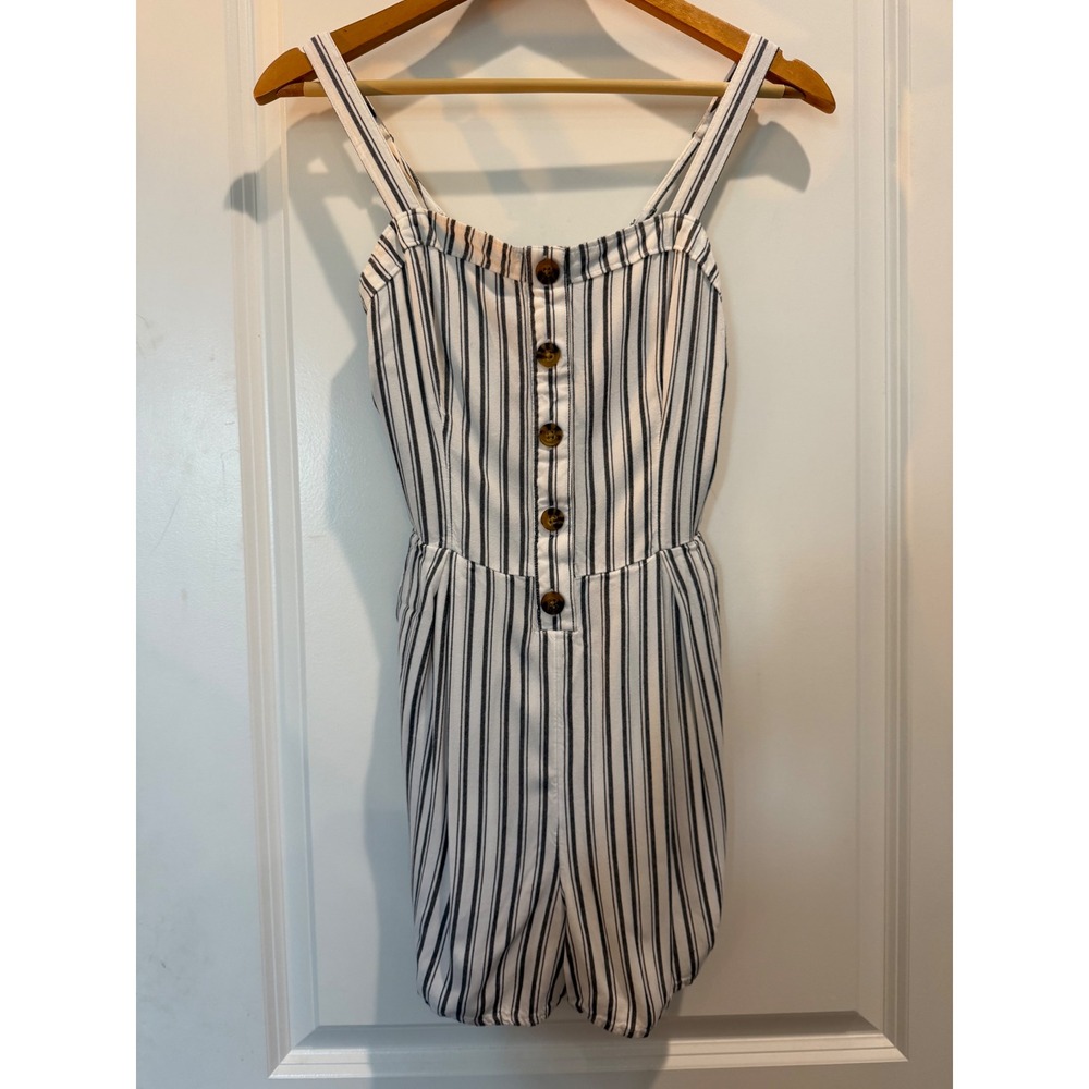 Hollister California Striped Romper Small White Blue Button Front Smocked Back